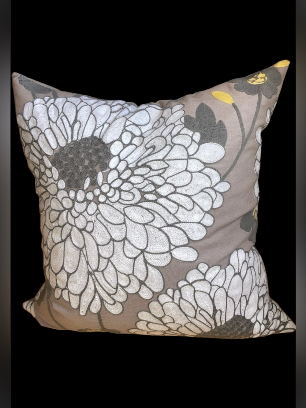 Decorative Floral Throw Pillow - Gray with White & Yellow Accents